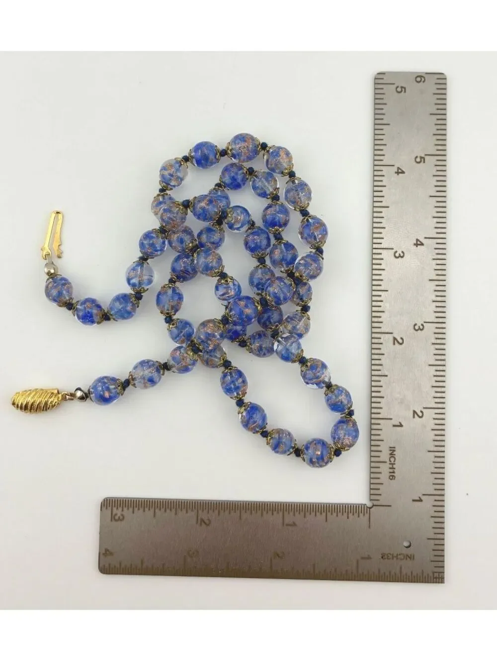 Vintage Blue Venetian Murano Glass Foil Beaded Necklace with Gold Tone Clasp 24